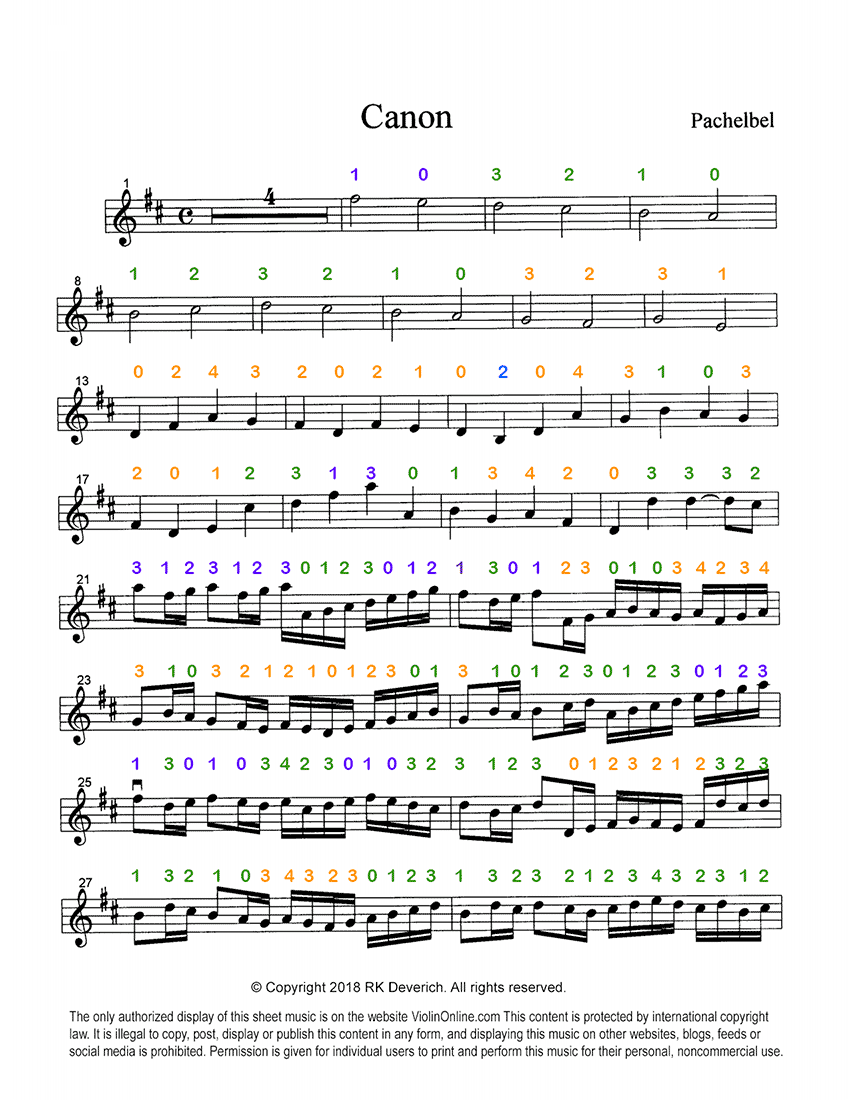 Violin Online ColorAll Fingering Violin Music - Pachelbel's Violin Sheet Music